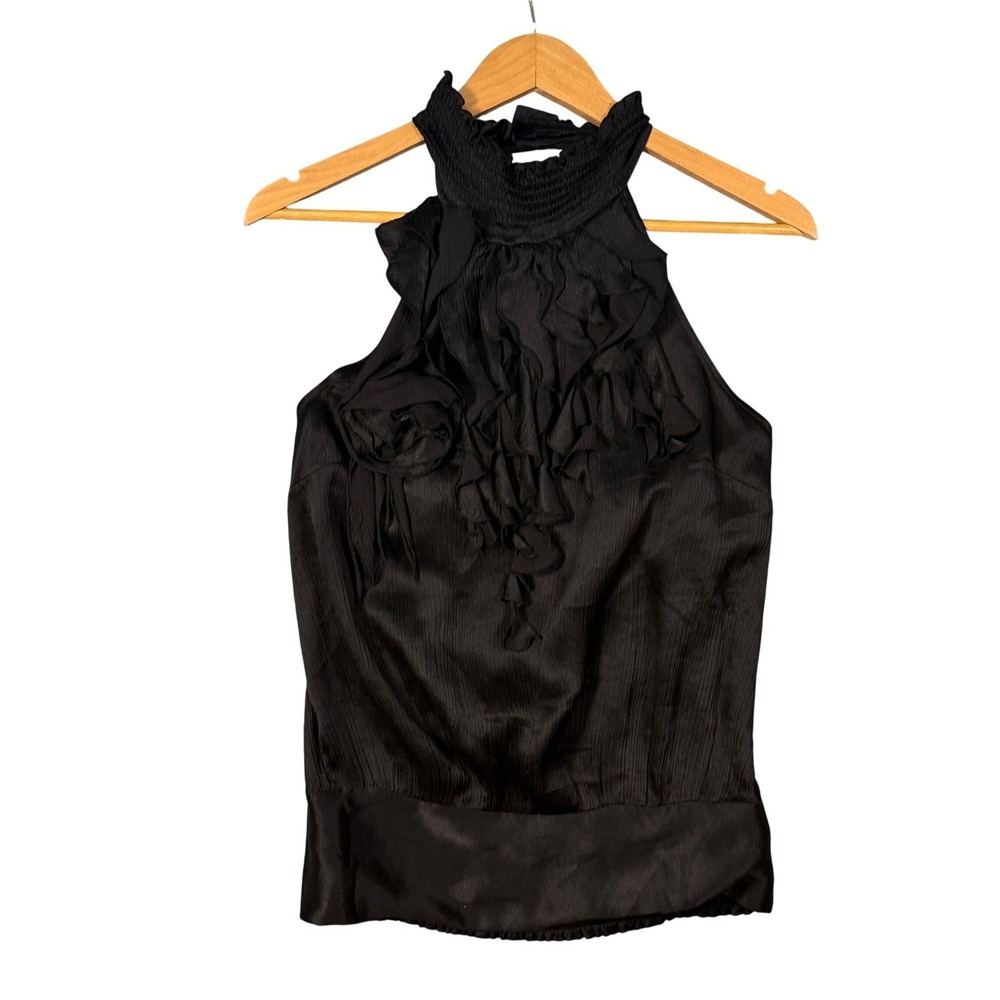 bebe 100% Silk Black Ruffled Halter